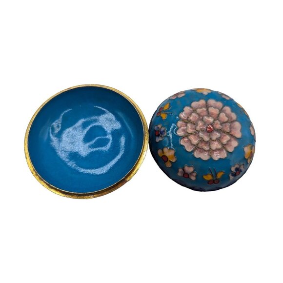 Hand-Painted Floral Cloisonné Trinket Box - Blue & Pink Enamel - 2.5" Diameter - Picture 4 of 10